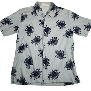 Perry Ellis Floral Button Up Mens L Blue Cotton Rayon Short Sleeve Y2K Vintage